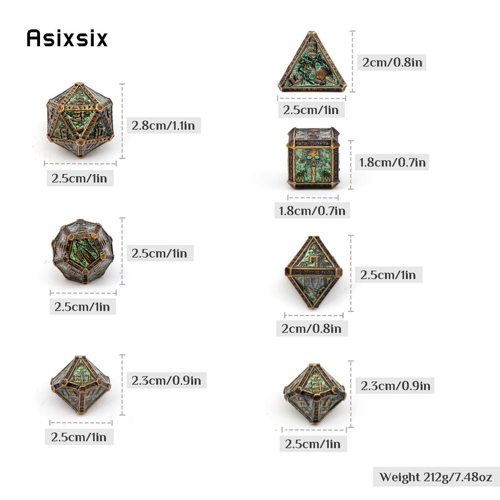 7 Pcs Copper Green Skull Metal Dice Solid Metal Polyhedral Dice Set Suitable for Role-Playing RPG  Board Game Card Game