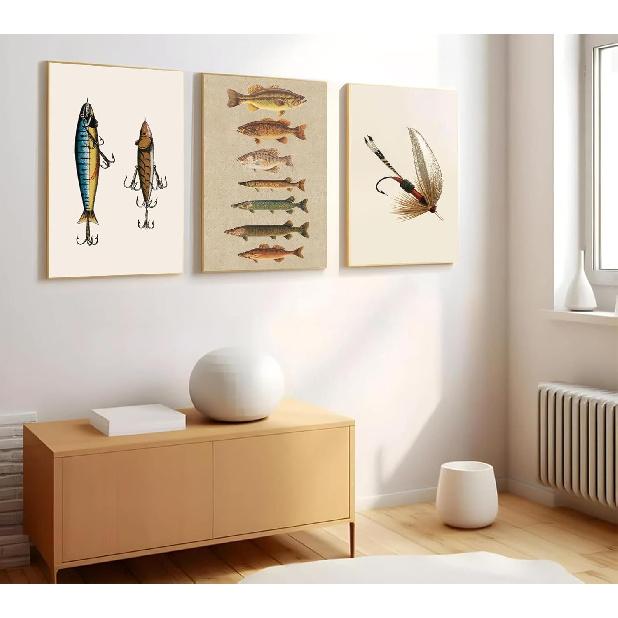 ZPJLRFC 3Pcs Vintage Fishing Canvas Wall Art Minimalism Fishing Gear Posters Artwork Fisherman Cave Painting Pictures Wall Decor for Outdoorsy Cabin
