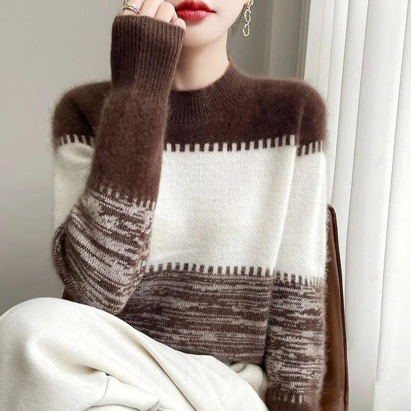 Half Turtleneck Sweater Women Loose Color-blocked Knitted Sweater for Women Long-sleeved Casual and Stylish Pullover for Autumn and Winter
