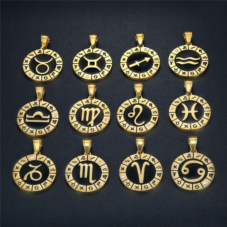 Punk Fashion Zodiac Sign Constellations Pendant Gold Color Stainless Steel Rope Chain Round Necklace For Women Men Jewelry Gift