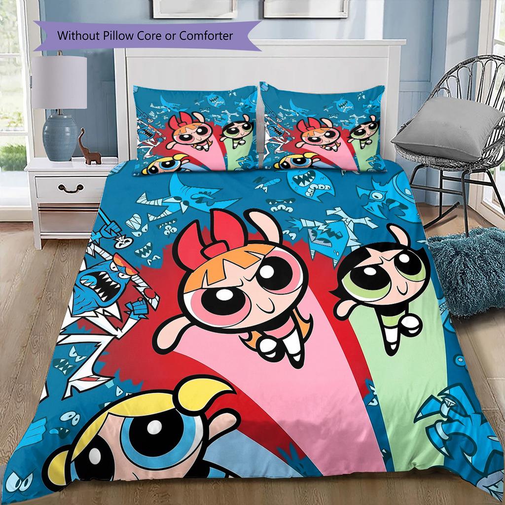 Set Biancheria da Letto Illustrazioni Powerpuff Girls, 1 Copripiumino & 2 Federe, Decorazione Artistica per la Casa, Regalo Perfetto