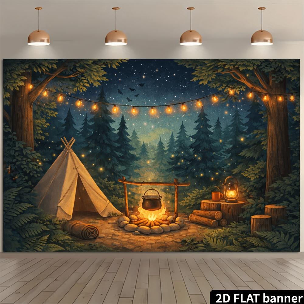 2D Flat Banner, Retro Tipi Tent Camping Backdrop, Starry Sky Pine Forest, Bonfire Scene, Fireflies String Lights