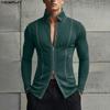 INCERUN Męskie Top T-shirty Casual z Kołnierzem Lapel, Długim Rękawem, Zamkiem Błyskawicznym i Rozcięciami, Dopasowane