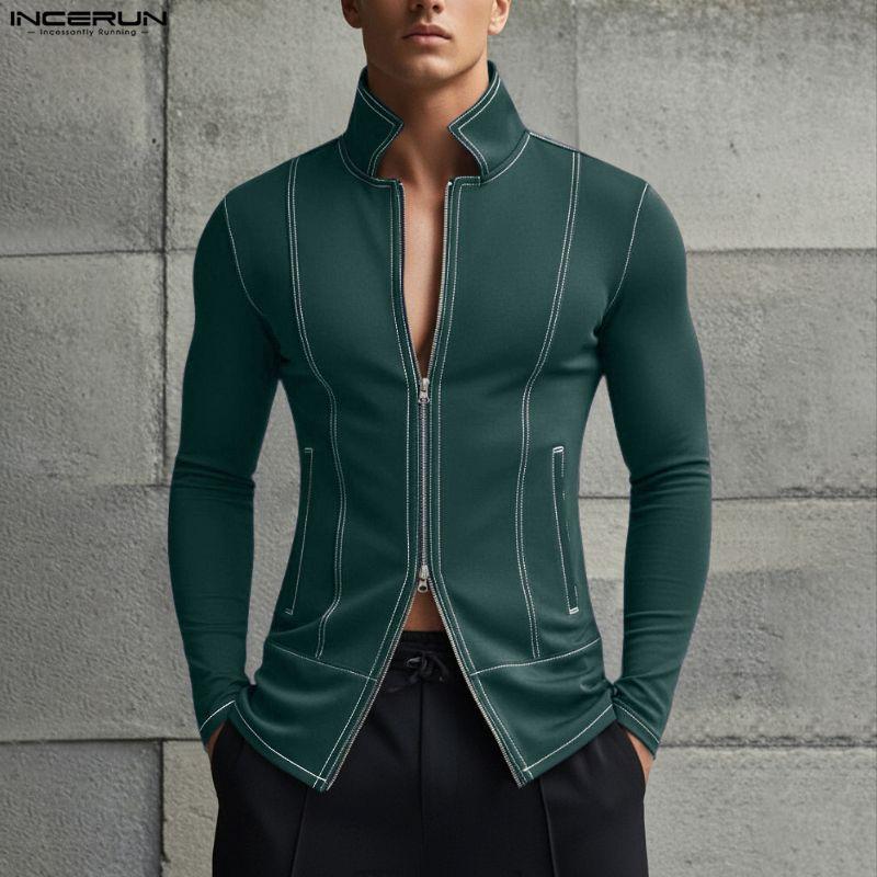 INCERUN Męskie Top T-shirty Casual z Kołnierzem Lapel, Długim Rękawem, Zamkiem Błyskawicznym i Rozcięciami, Dopasowane