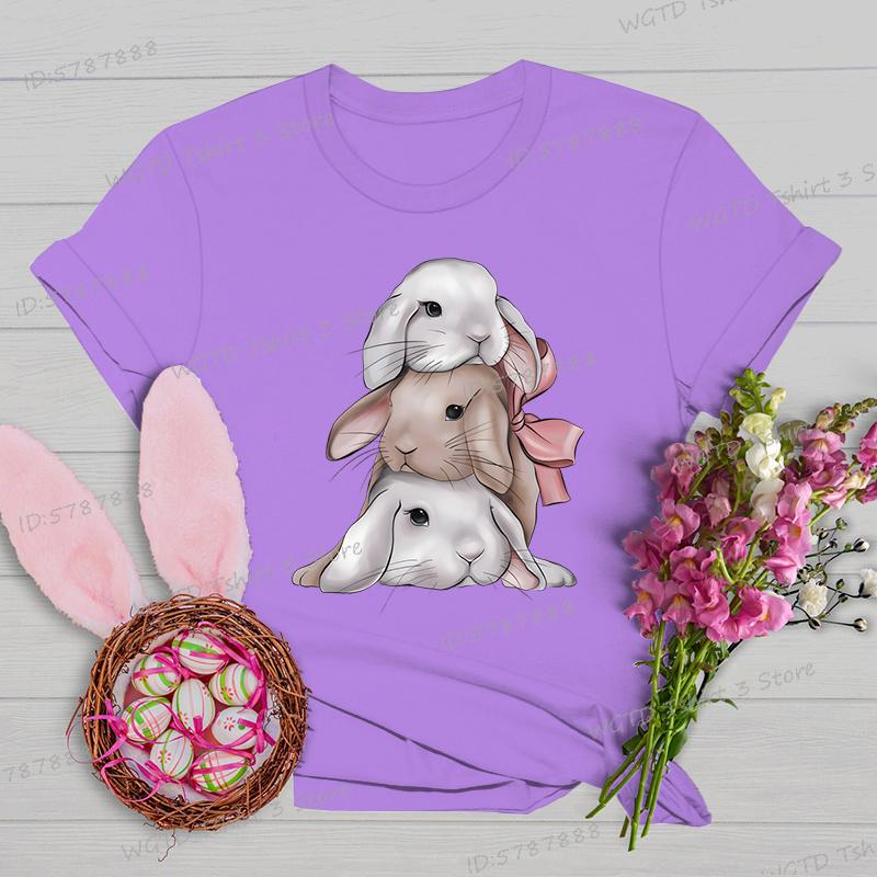 Easter Rabbit Shirts and Blouses Women Gift for Christian Crew Neck Short Sleeve Tshirt Cute Animal Bunny Easter Cartoon Tshirt