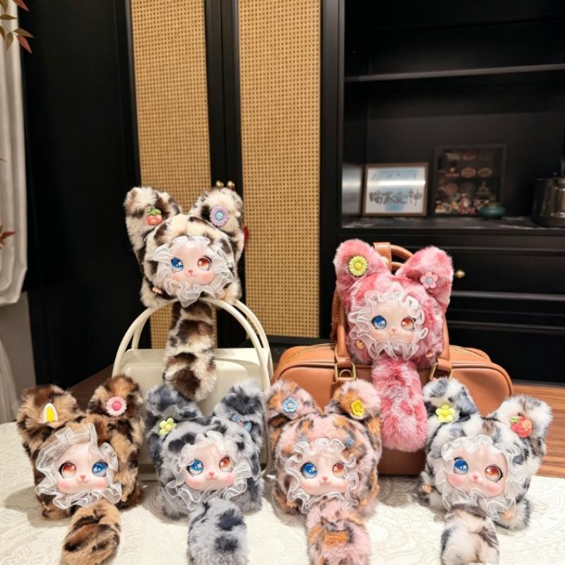 Lace Leopard Print Cat Plush Pendant Adorable Cartoon Design With Soft Tail Backpack Hanging Keychain for Kids Daily Use Small Gift