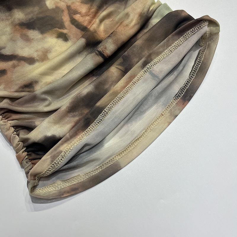 Spring Women's Blouse 3D Printed Neckless Slim T-Shirt Vintage Sexy One Shoulder Pressure Pleat Top