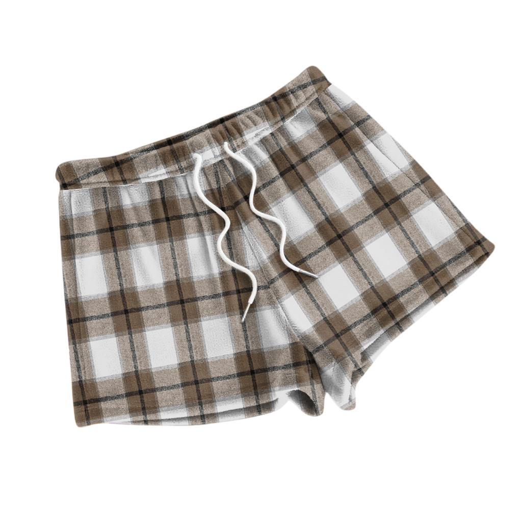 Women's Fashionable Loose-Fit Pajama Shorts With Fleece Plaid Print Casual Pants