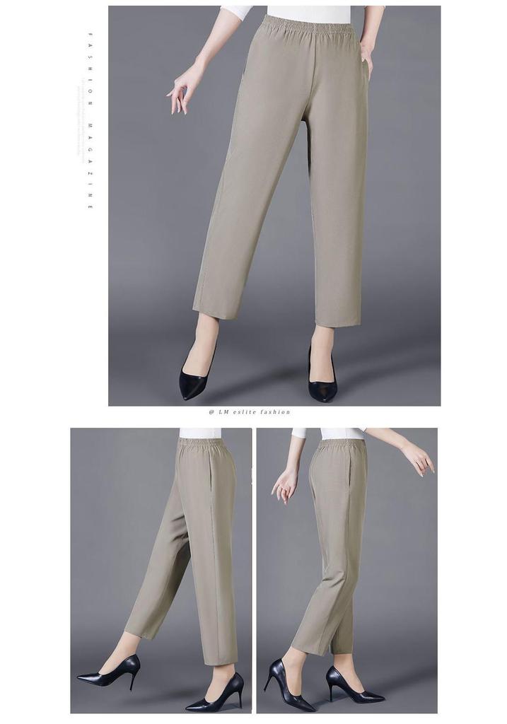 Summer Ice Silk High-Waist Elastic Pants for Middle-Aged and Older Women - Casual, Loose-Fit, Straight, Nine-Point Length