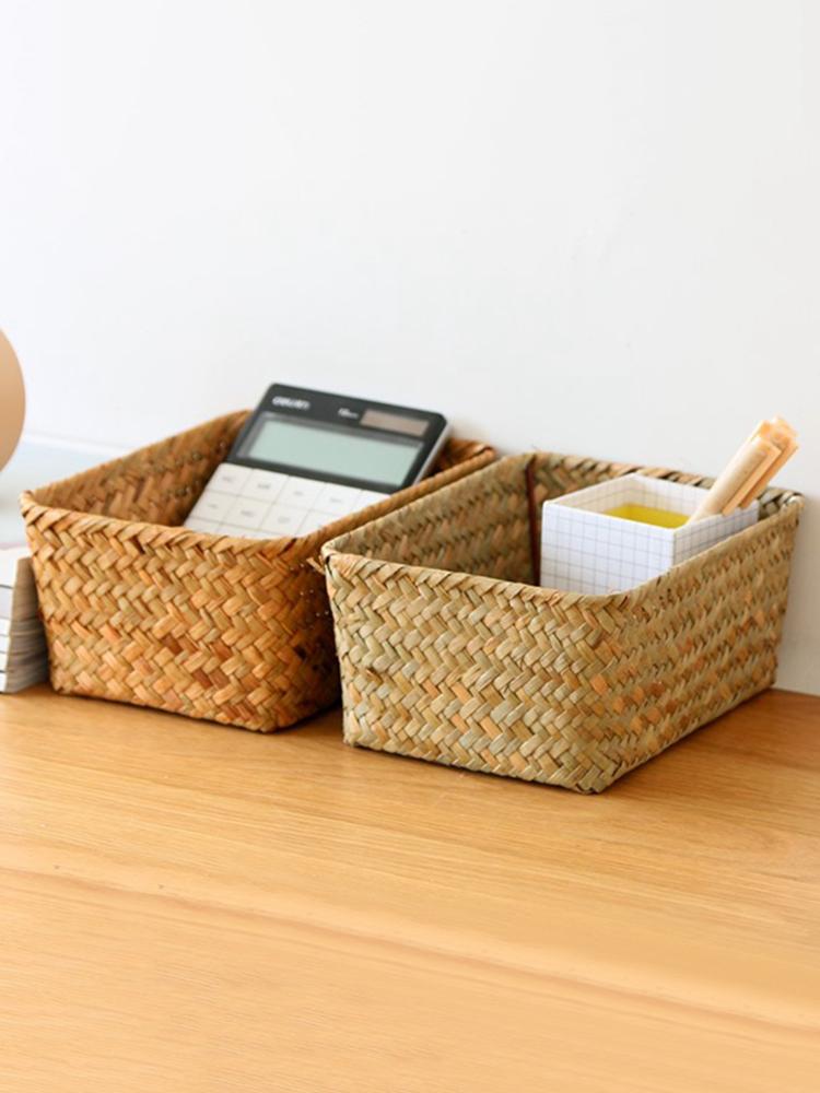 Woven Seagrass Basket Handmade Straw Wicker Storage Basket For Home Kitchen Table Sundries Storage Container Multipurpose Basket