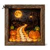 Wood Glass Picture Frame Halloween Shadow Box DIY Lighted Craft Kit, Wooden Night Light with Gothic Style Lamp Sea Stones, LED Memory Display Case for