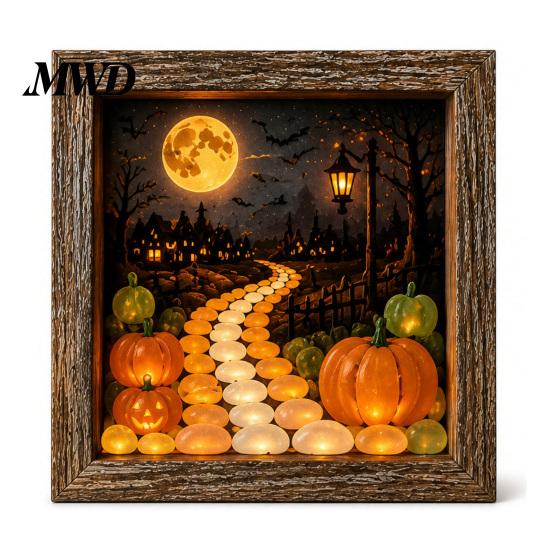 Wood Glass Picture Frame Halloween Shadow Box DIY Lighted Craft Kit, Wooden Night Light with Gothic Style Lamp Sea Stones, LED Memory Display Case for