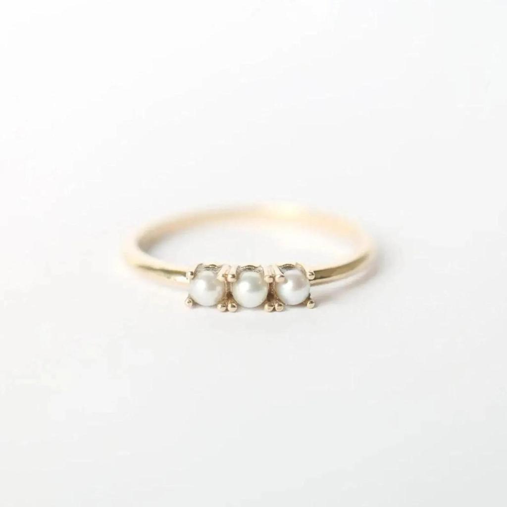 Yellow Gold Plated Pearl Ring: Minimalist June Birthstone Stacking Ring: Art Deco Dainty Bridal Jewelry for her