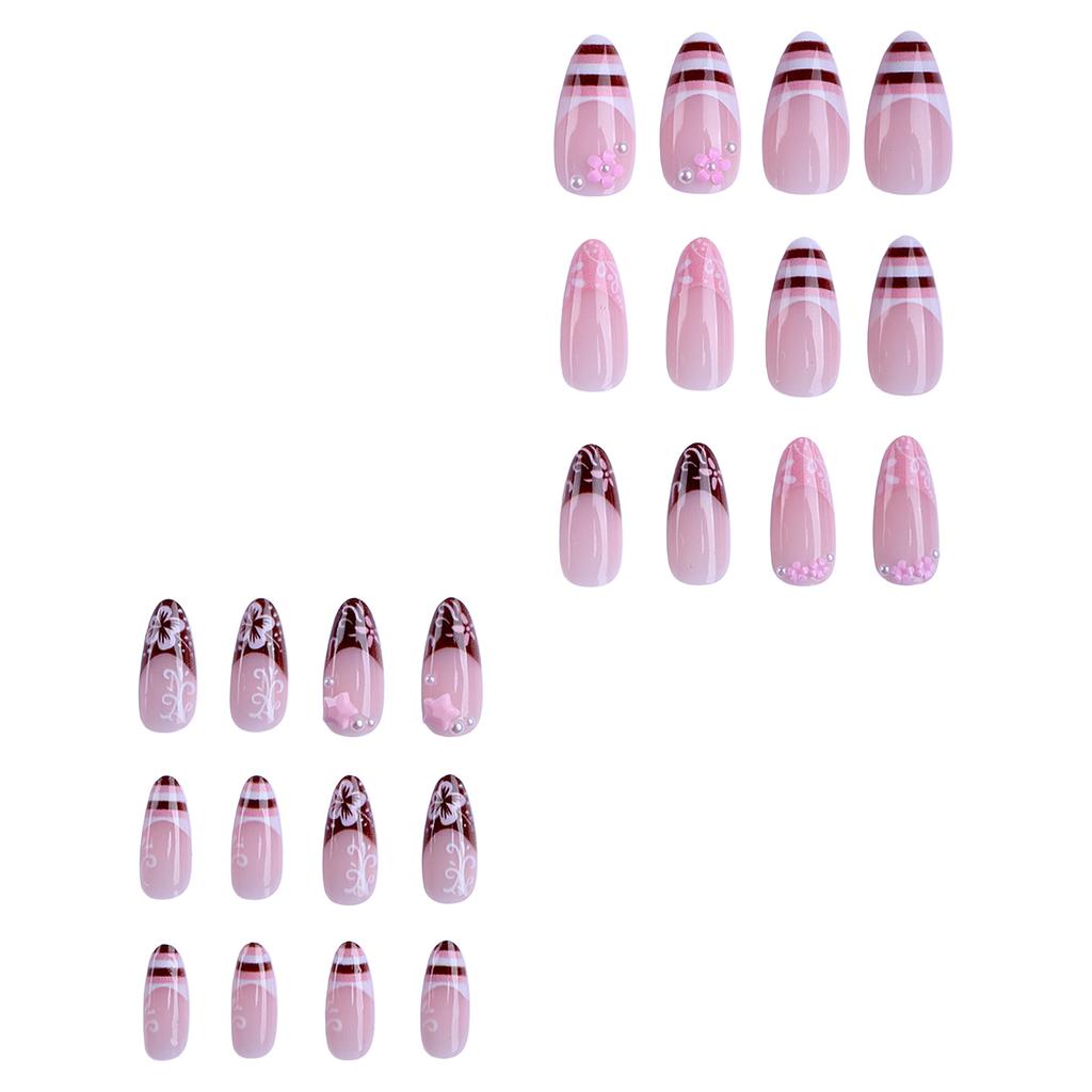 24pcs Spring Day Sweet False Nails Cute Pink Flower Star Pearl Designs Press On Nails Stripes French Style Almond Fake Nail