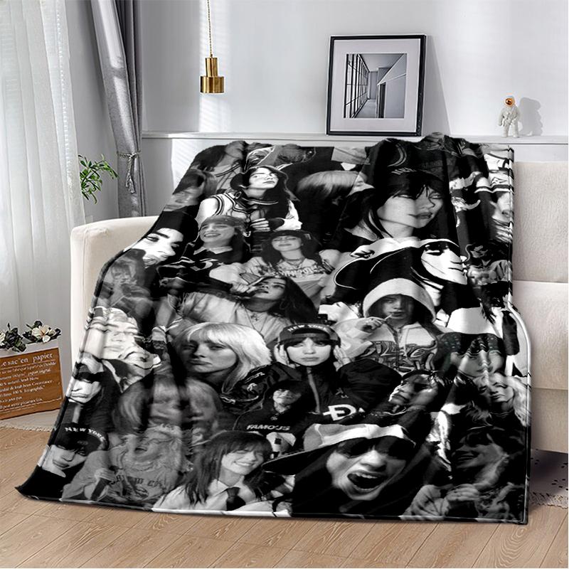 

Fashion Billie Eilish Singer Star Flannel Blanket Soft Warm Throw Blanket for Bedroom Living Room Bed Travel Camping Picnic Gift 75x90cm
