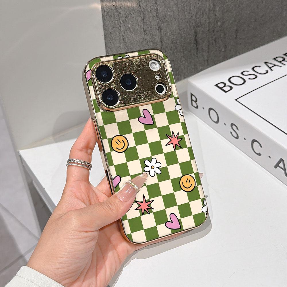 Lucky Start Phone Case For iPhone 17 16 15 14 13 12 11 Pro Max 16E Gold Electroplated Glass Shell  Checkerboard Cute Icons Cover