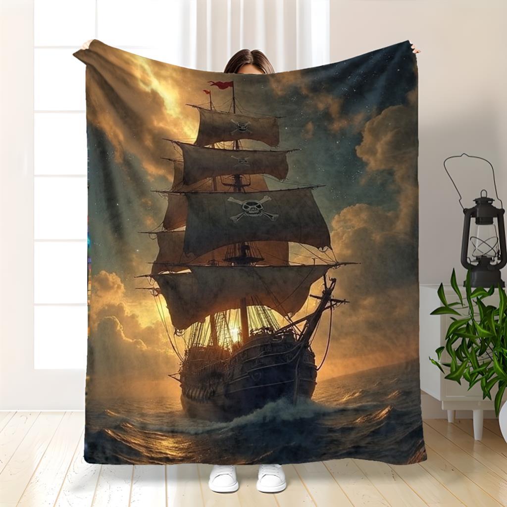 Pirate Ship Sunset Ocean Adventure Fleece Blanket 3D Print Soft Warm Throw Cover Decor Art Gift For Pirate Fans Home Bed Room