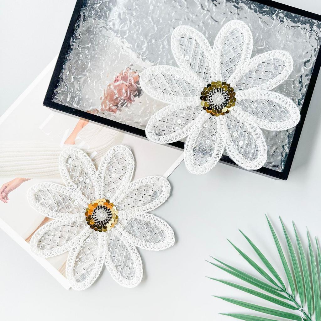 White Mesh Yarn Handmade Beaded Sequins Strand Woven Cloth Sticker Clothing Dress Top Applique Cloth Sticker Accessories