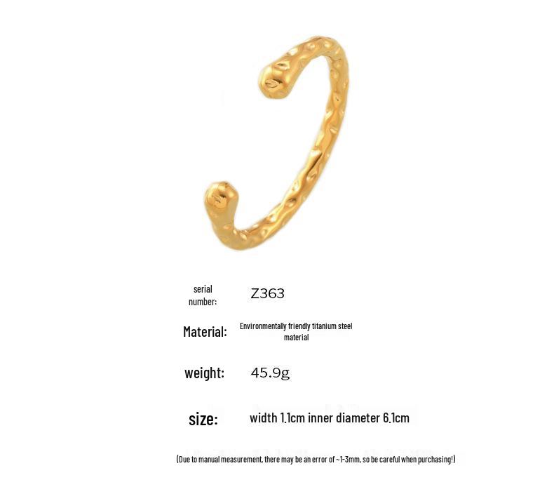 European American INS Style Irregular Hammered Texture Bracelet, 18k Gold-Plated Titanium Steel, Simple Retro Design.