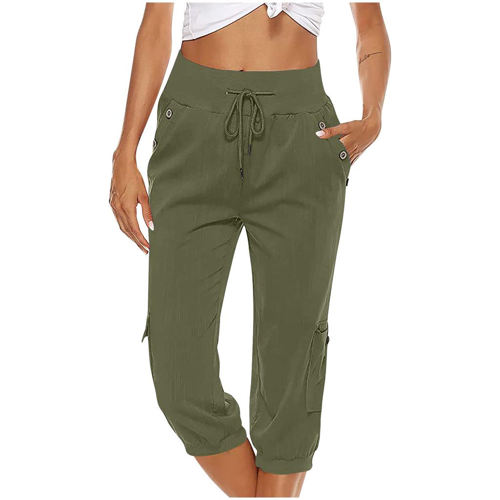 Women Drawstring Waist Loose Fit Cargo Capri Pants Wide Leg Straight Leg Casual Trousers with Pockets