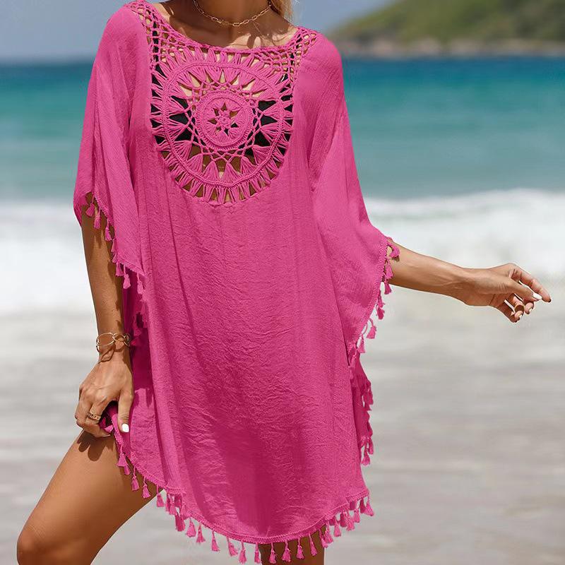 2021 Plus Size Off-Shoulder Tassel Cutout Beach Cover-up