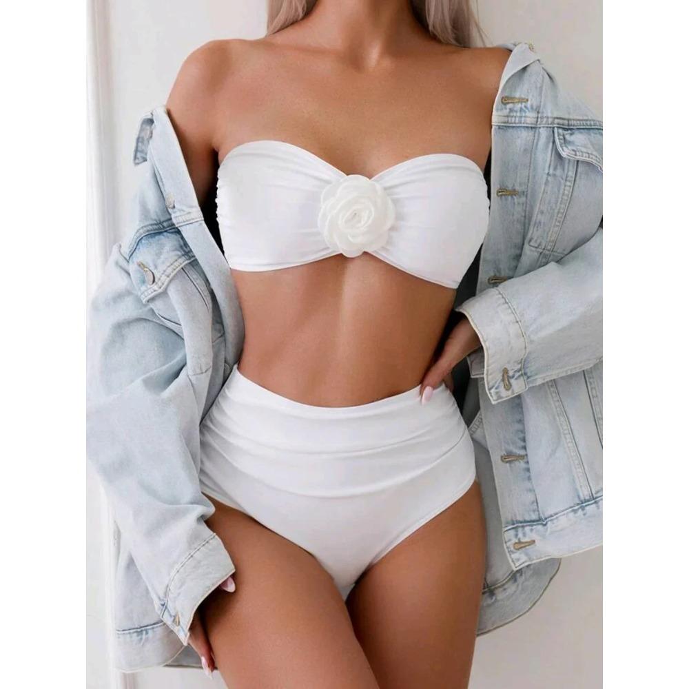 XS - L Kwiatowy Bikini Bandeau 3D Damski Kostium Kąpielowy Bikini z Wysokim Stanem Damska Odzież Kąpielowa Dwuczęściowy Zestaw Bikini Kostium Kąpielowy Swim Lady
