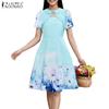 ZANZEA Women Summer Round Neck Casual Short Sleeve Print Dress Holiday