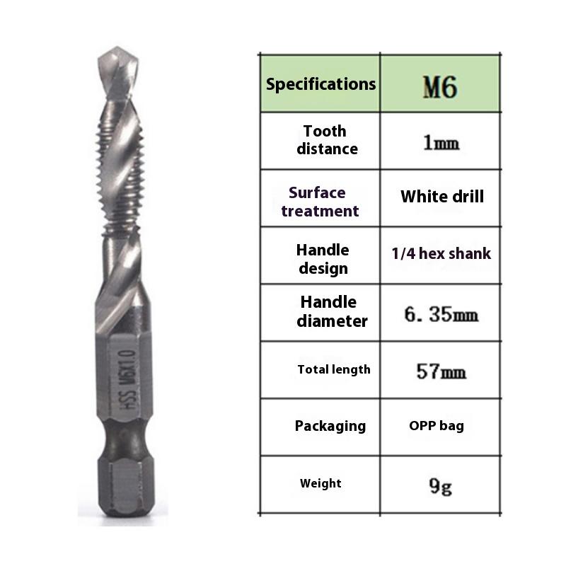 Vysokorýchlostná oceľová šesťhranná stopka tri v jednom kombinovaný závitník, vŕtanie, rezanie závitov a odihlovanie integrované špirálové strojové rezanie závitov, špirálový závitník