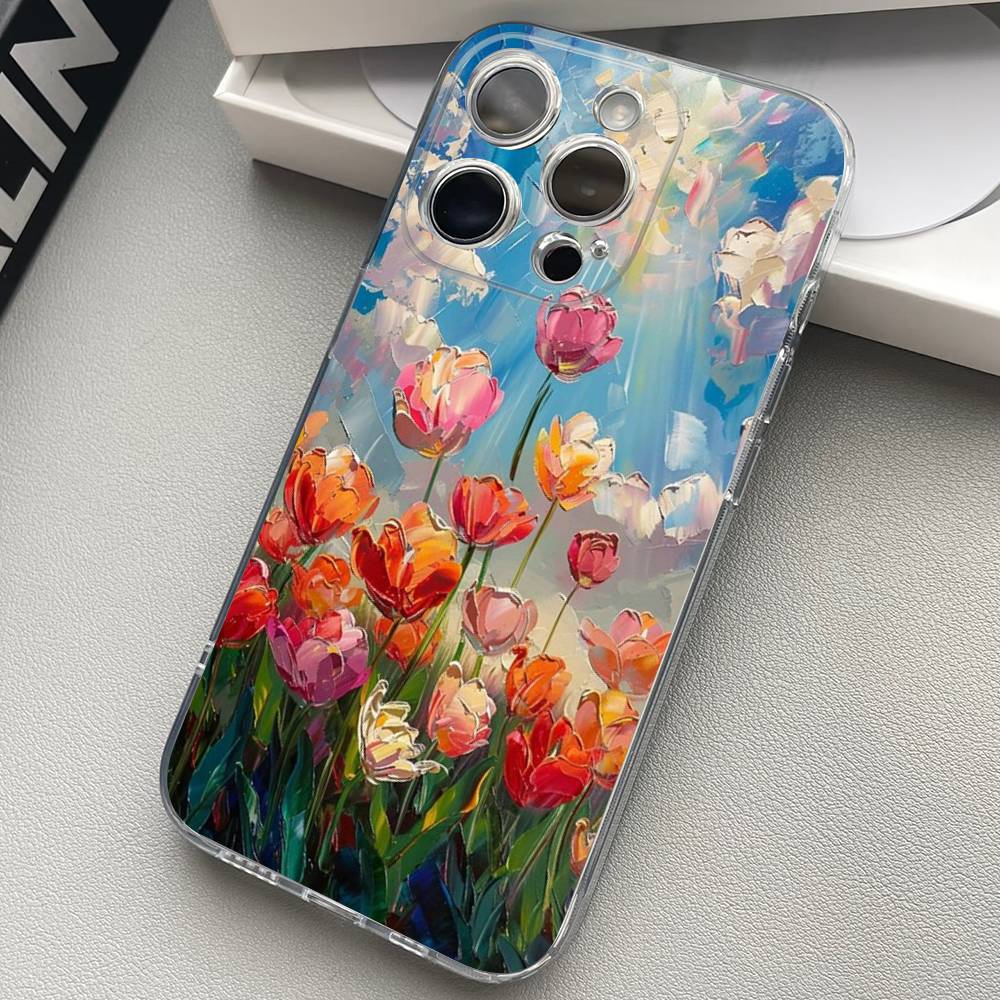 Oil Painting Of Flowers Transparent Phone Case For iPhone 17 16 15 11 12 13 14 Pro Max Mini Soft TPU Silicone Plus