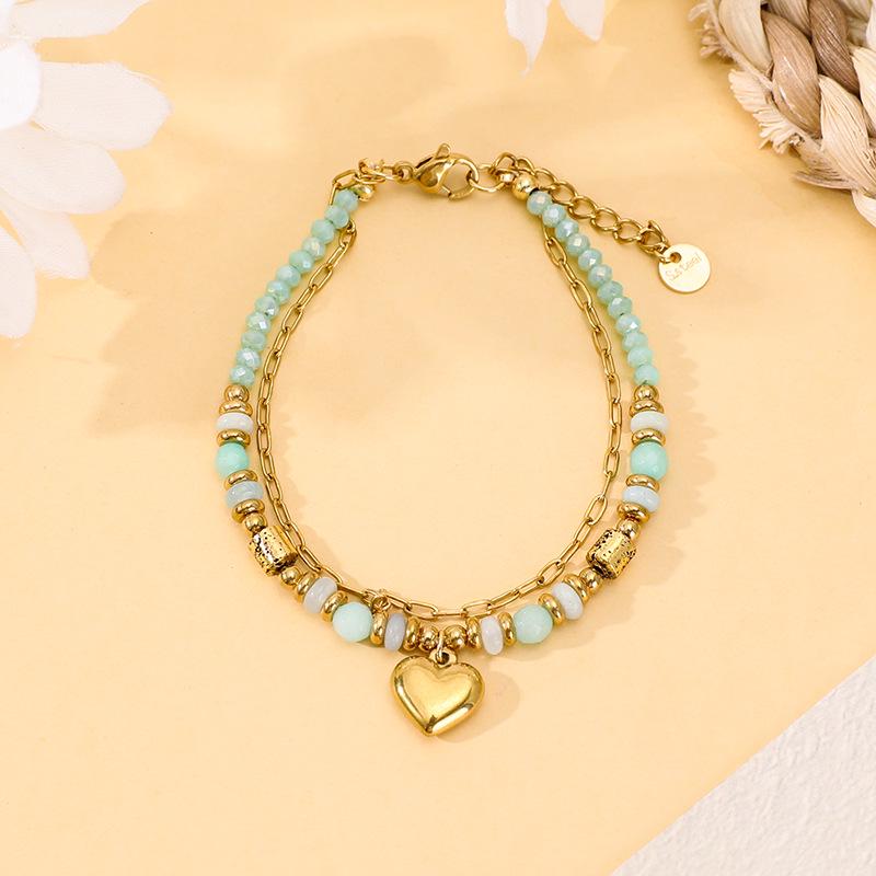 Bohemian Double-Layer Women's Bracelet with Natural Stone, Crystal & Stainless Steel Beads - Peach Heart Design