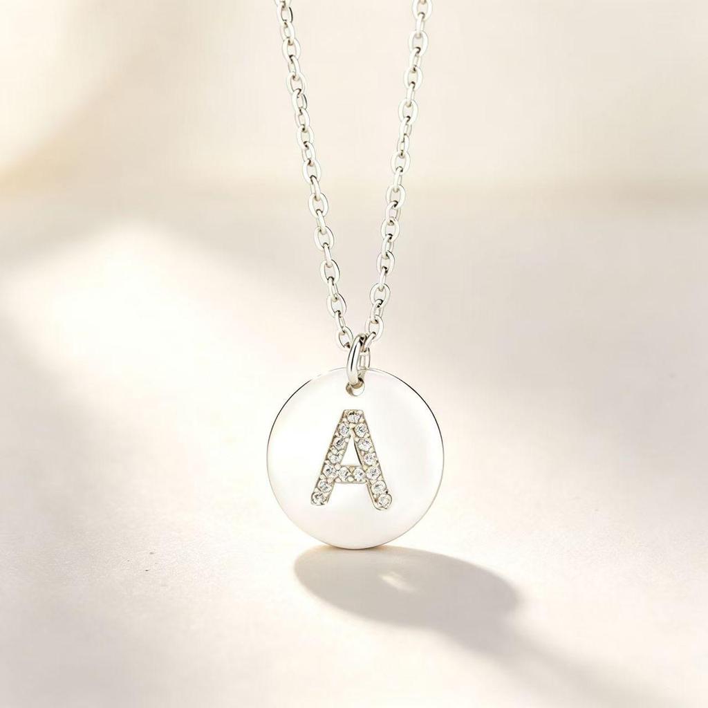 26-Letter Round Pendant Necklace with Micro-Set Diamond and English Letter 'A' Clavicle Chain Jewelry