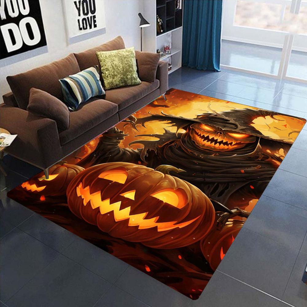 Halloween Carpet Mat Rug Gothic Pumpkin Skull Witch Hat Haunted House Bat Print Festive Home Decoration Living Room Floor Decor