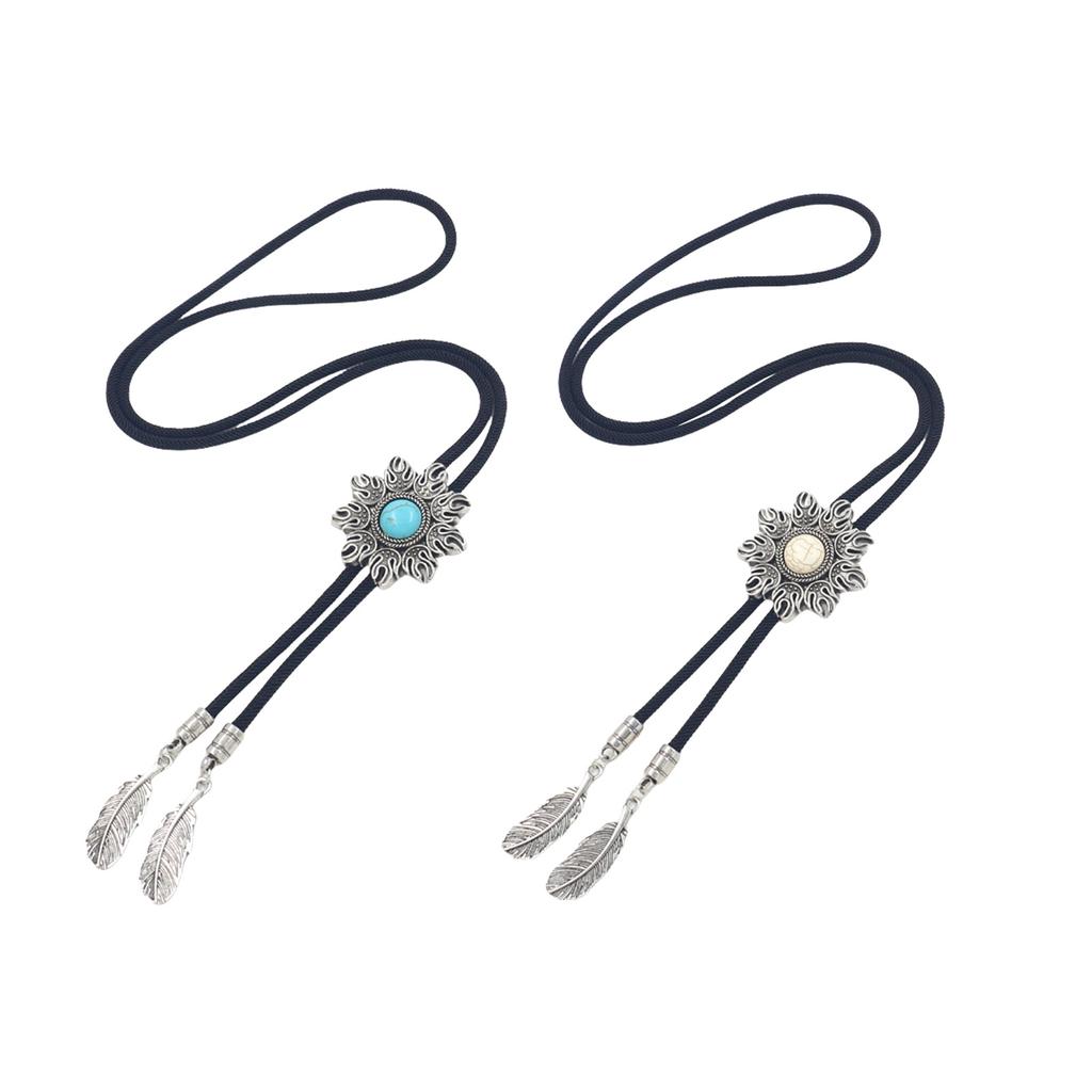 Western Cowboy Braided Rope Bolo Tie Necklace with Sun Turquoises Stone Pendant Jewelry Necktie Chain for Men and Women