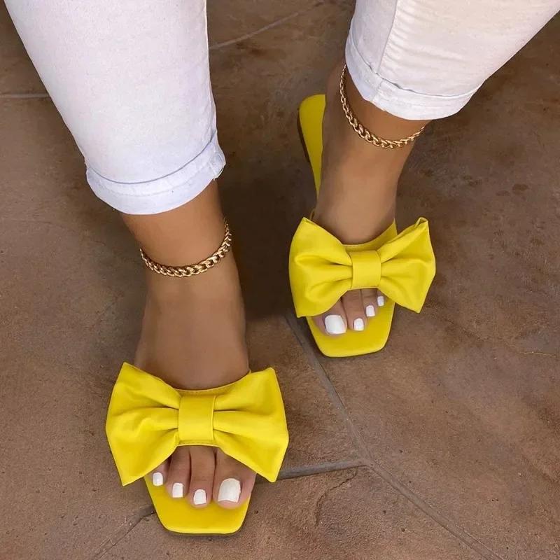 Fashion Shoes for Women Fashion Summer Plus Size Solid Color Bow Flat Sandals Outdoor Beach Slippers Women Shoes 36-43 Women Sandals