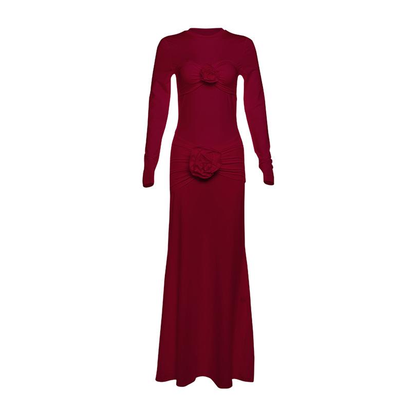 

Autumn and Winter Women s Sexy Tight Round Neck Long Skirt Pleated Flower Dress L червоний