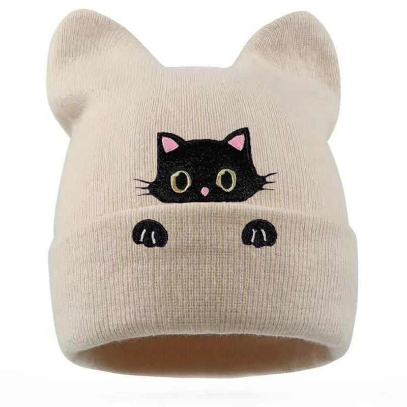 Popular Women's Probe Kitten Embroidered Beanie Birthday Gift Animal Cartoon Warm Knitted Hat