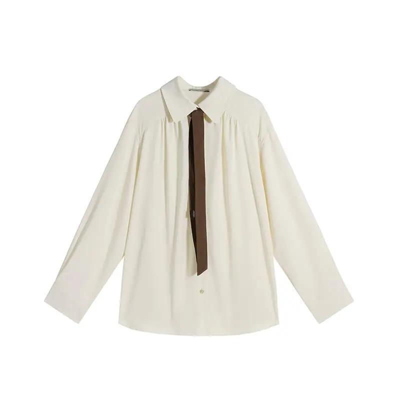 

Весна Осень Женская свободная рубашка с завязками, простая модная блузка с длинным рукавом больших размеров для офиса, однотонная женская плиссированная повседневная рубашка с лацканами 2735 3XL абрикосовый