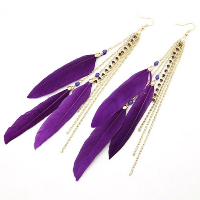 Trend Fashion Flash Diamond Tassel Charm Colorful Feather Earrings, Long Feather Earrings Earrings
