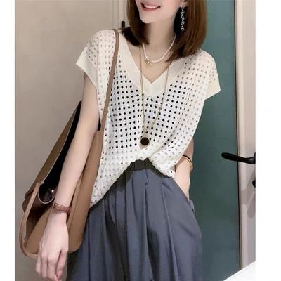 Hollowed-out Waistcoat Knitwear Women's Summer New V-neck Design Sense Spice Girl Network Red Thin All-matching Top