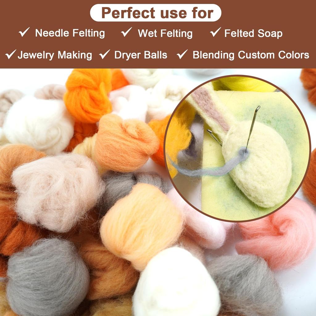 Wool Felt, Wool Fiber, 3g, Beginner's Trial Set, 24 Colors, 72 Packs