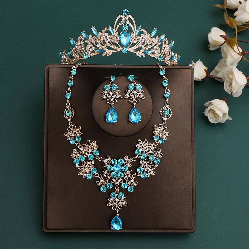 DIEZI Korean Sky Blue Crystal Crown Women Girls Headwear Luxury Bridal Bride Tiaras Necklace Earrings Wedding Party Jewelry Sets