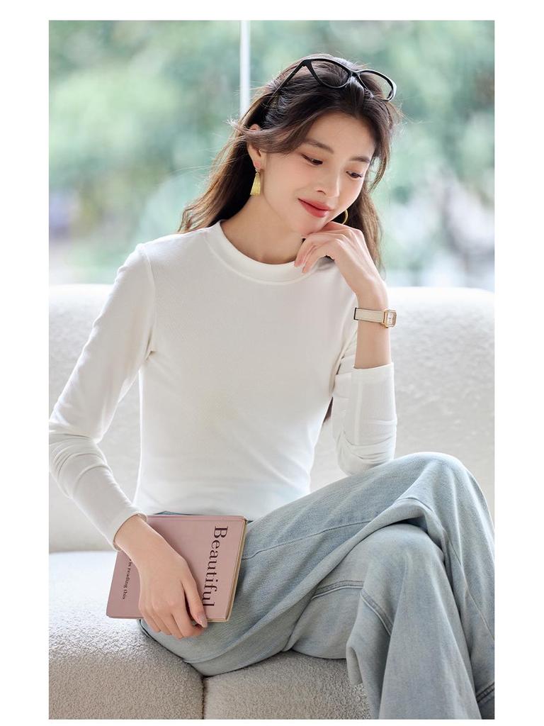Women's Heavyweight Lyocell Long Sleeve Round Neck T-shirt with Plus Velvet Inner Layer - Slim Fit, Thickened for Autumn/Winter