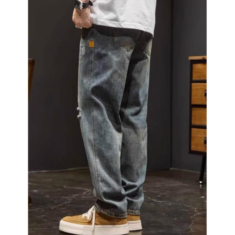 Men's Retro Washed, Distressed, and Ripped Denim Pants: Casual, Loose-Fit, Straight-Leg Long Pants for Spring and Fall