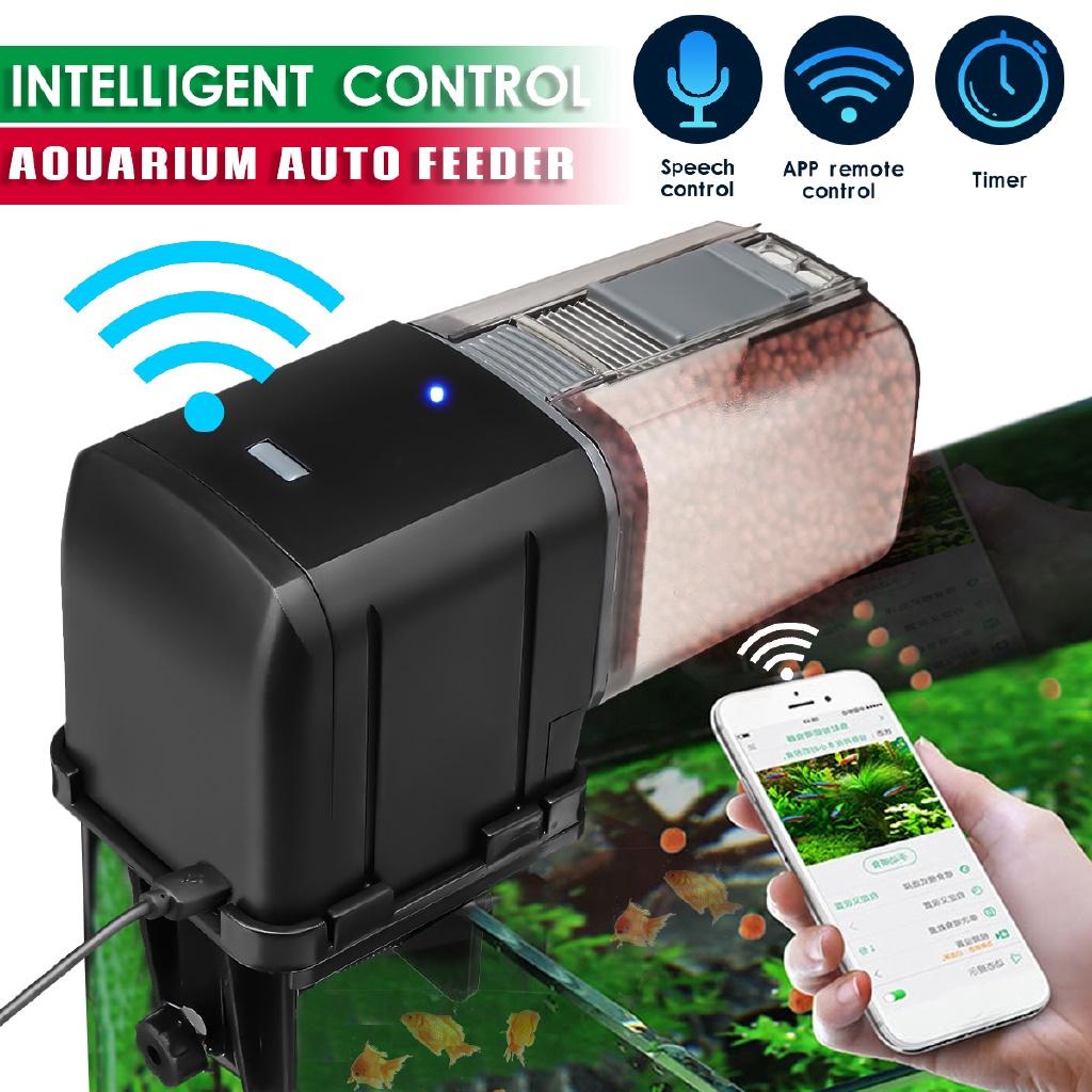 WiFi Automatic Fish Tank Feeder Aquarium Pond Food Feeder Timer Speech Control Dispenser Adjustable 5V/2V Black