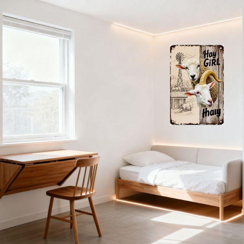 Rustic Vintage Farm Metal Tin Sign 'Hay Girl Hay' with Windmill, Barn, Sheep Illustrations Distressed Aged Wall Decor for Home,