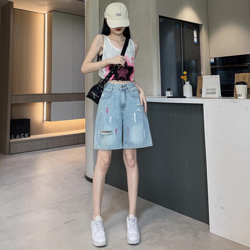 

Джинсовые шорты с завышенной талией и рваным эффектом для женщин, летние, новые, облегающие, с дизайном граффити масляными красками, свободные, широкие, длиной до середины бедра XS