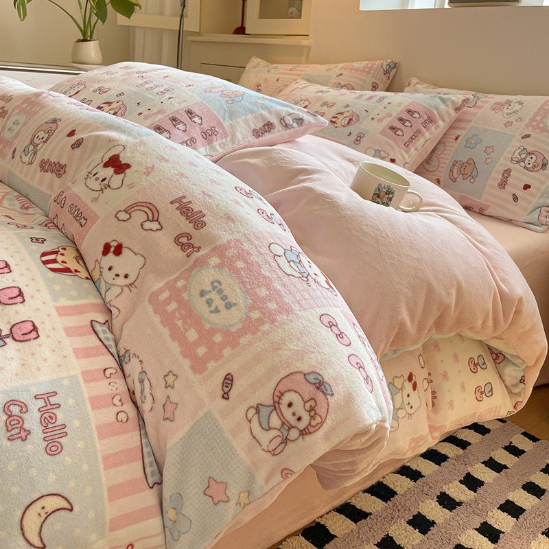 Thickened Milk Fleece Bed Four-Piece Set Warm Coral Fleece Bed Sheet Quilt Cover Three-Piece Bedding