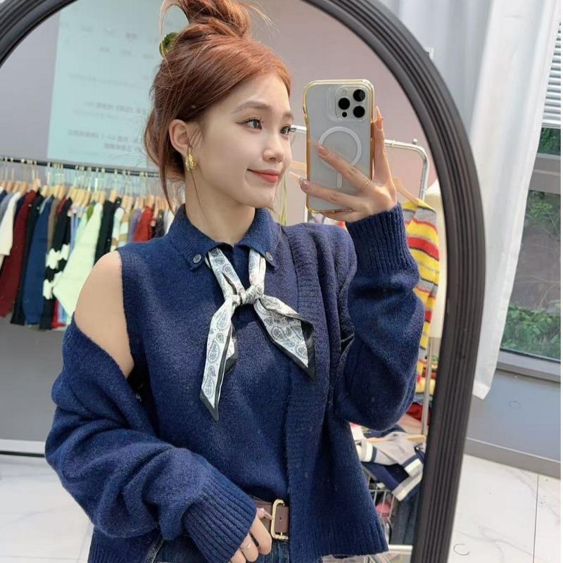 

Shi Jian Academy Style Lapel Two-piece Knitted Cardigan Sweater Women s Autumn New Versatile Premium Women s Top one size fits all тёмно-синий