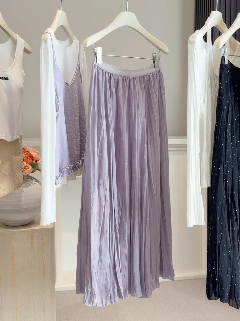 Ethereal Hot-Fix Pleated Chiffon A-Line Skirt for Women, Spring 2026 - Slimming with Large Hem Design