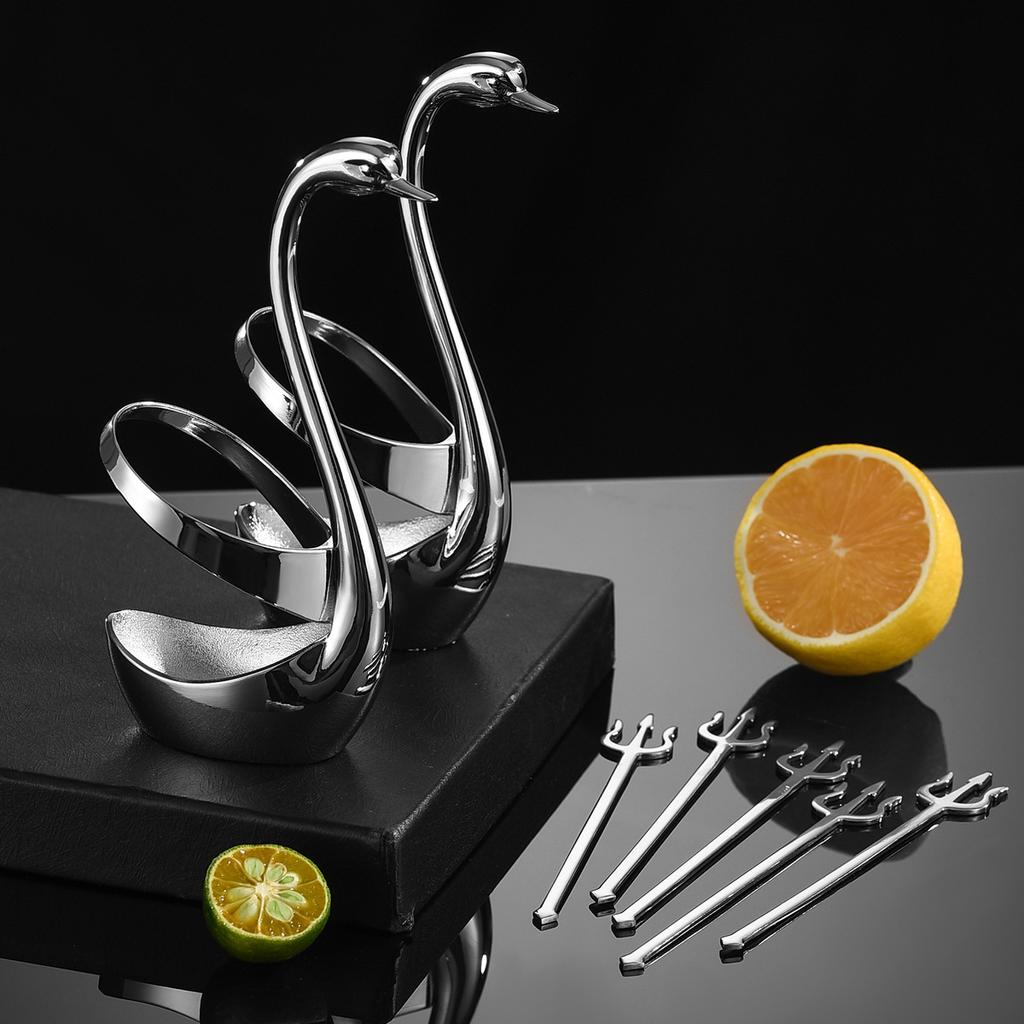 304 Swan Shape Tableware Holder Stainless Steel Fork Base Fruit Fork Dessert Spoon Cutlery Storage Rack 6-piece Set